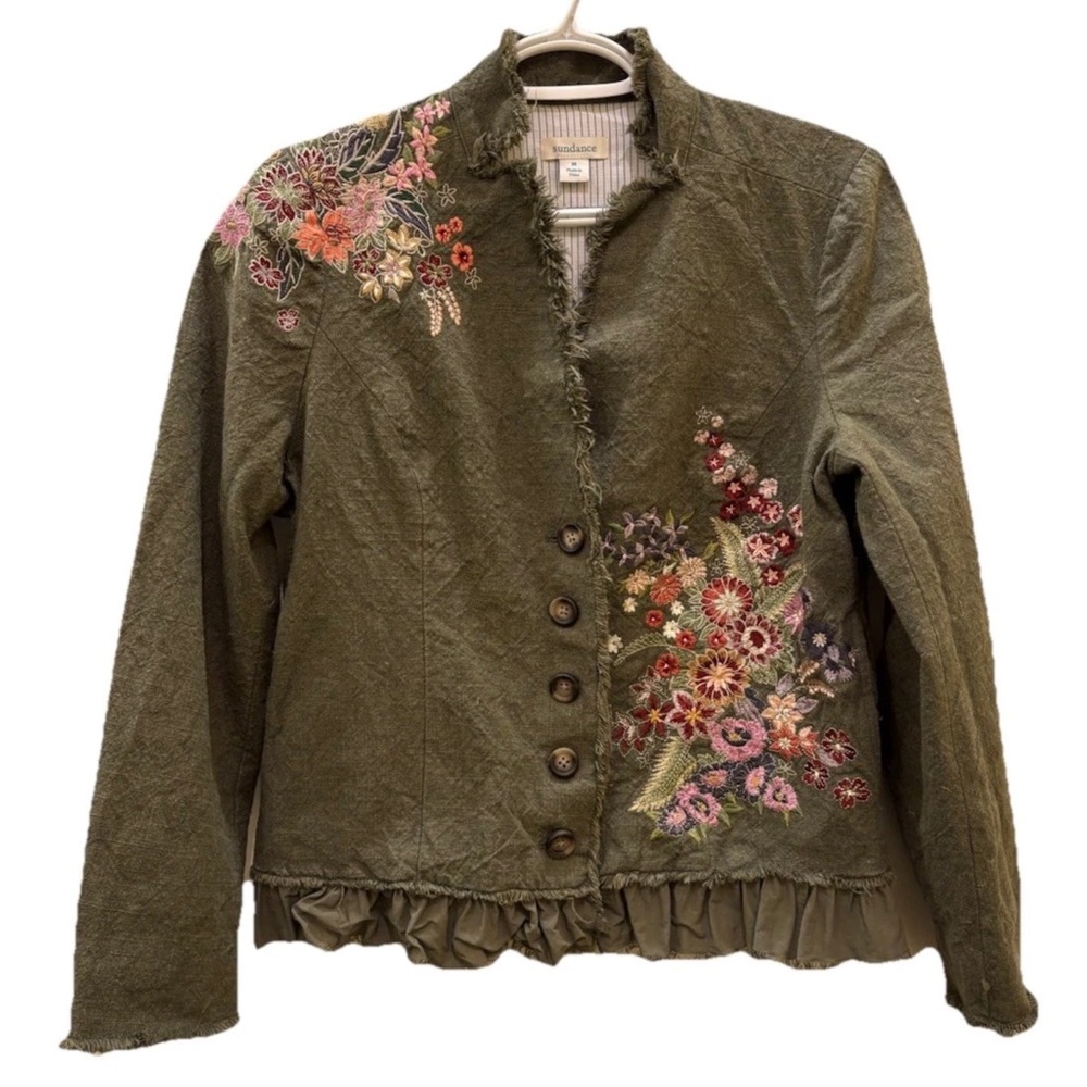 Sundance Womens Tonala Olive Fringed Embroidered Lined Jacket NWOT S/M* Boho